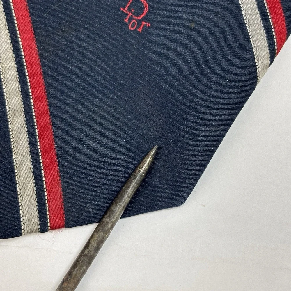 Vintage Christian Dior Necktie Diagonal Red Blue Silver Stripe Polyester Blend